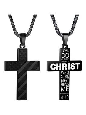 Black American Flag Christ Cross Necklace Men Stainless Steel Box Chain 22 inch